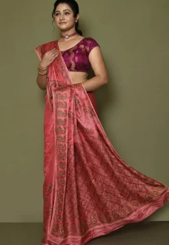 Pure Silk Embroidered Saree in Coral Pink