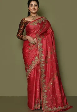 Pure Silk Embroidered Saree in Coral Red