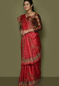 Pure Silk Embroidered Saree in Coral Red