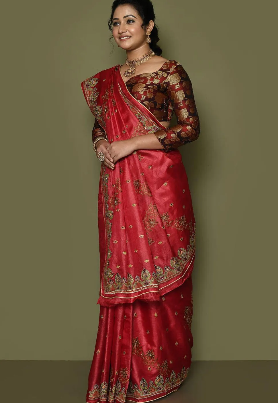 Pure Silk Embroidered Saree in Coral Red