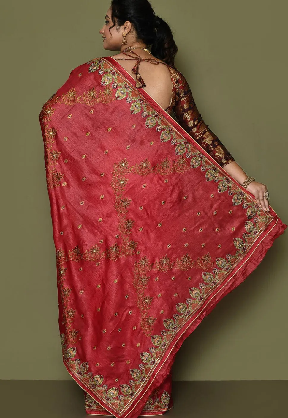 Pure Silk Embroidered Saree in Coral Red