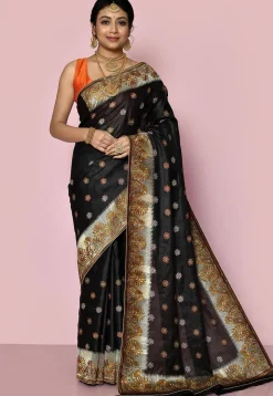Pure Silk Embroidered Saree in Black