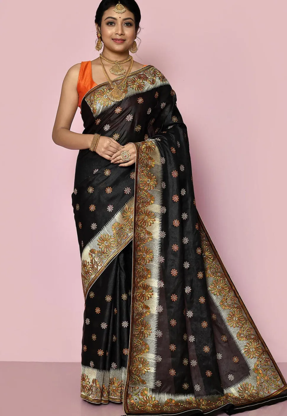 Pure Silk Embroidered Saree in Black