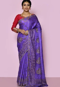 Pure Silk Embroidered Saree in Purple