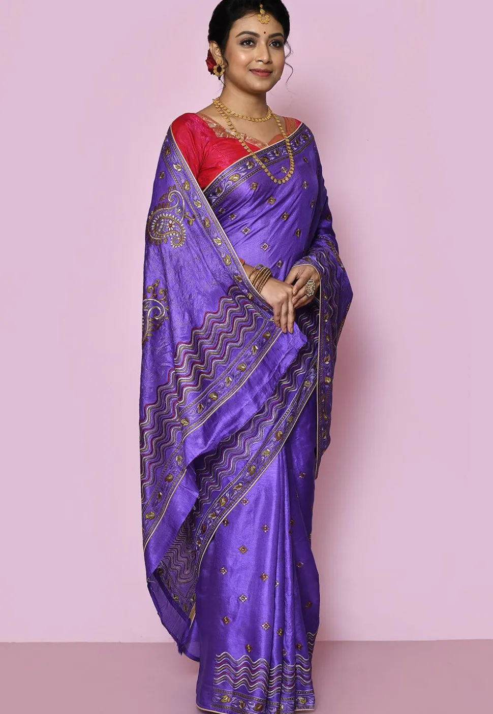 Pure Silk Embroidered Saree in Purple