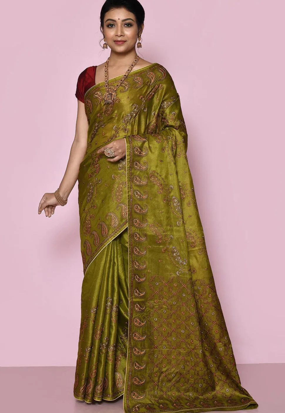 Pure Silk Embroidered Saree in Olive Green