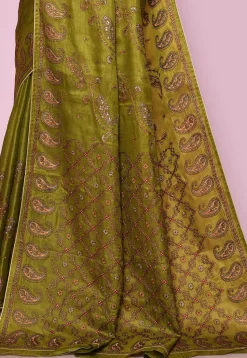 Pure Silk Embroidered Saree in Olive Green