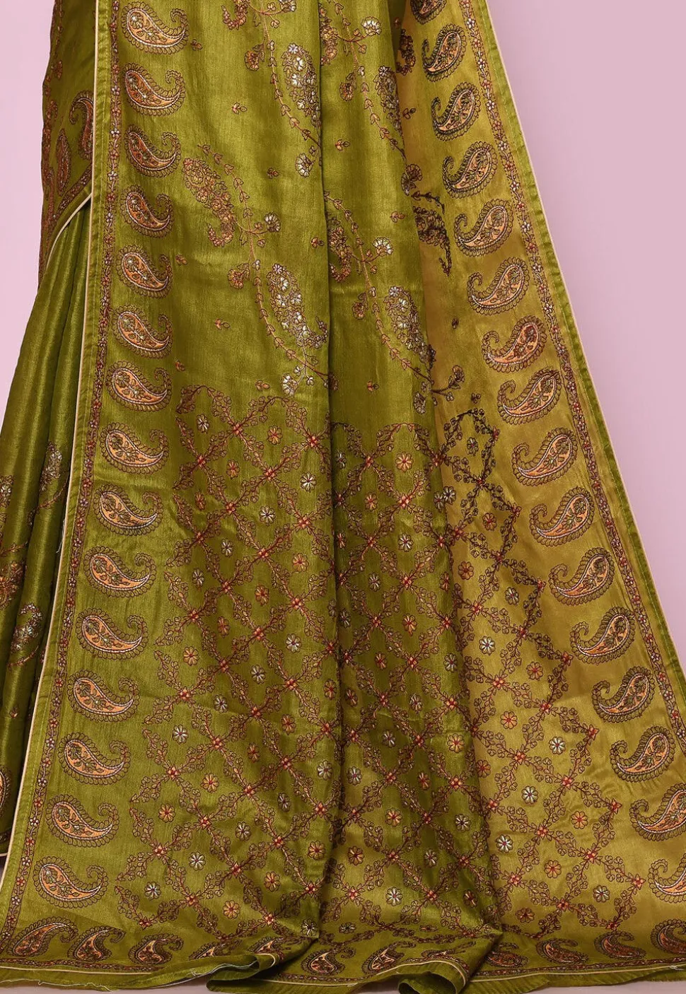 Pure Silk Embroidered Saree in Olive Green
