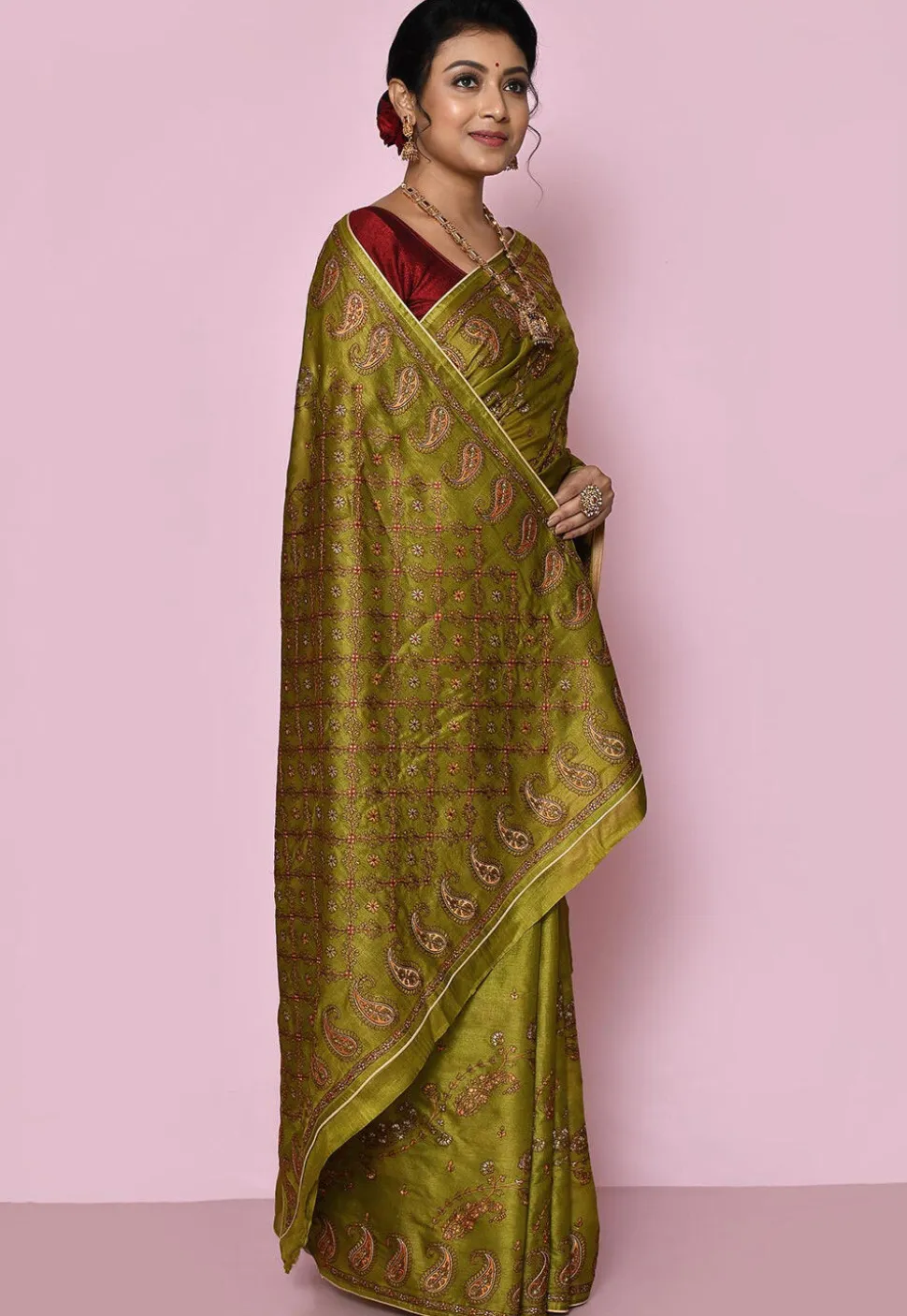 Pure Silk Embroidered Saree in Olive Green