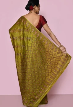 Pure Silk Embroidered Saree in Olive Green