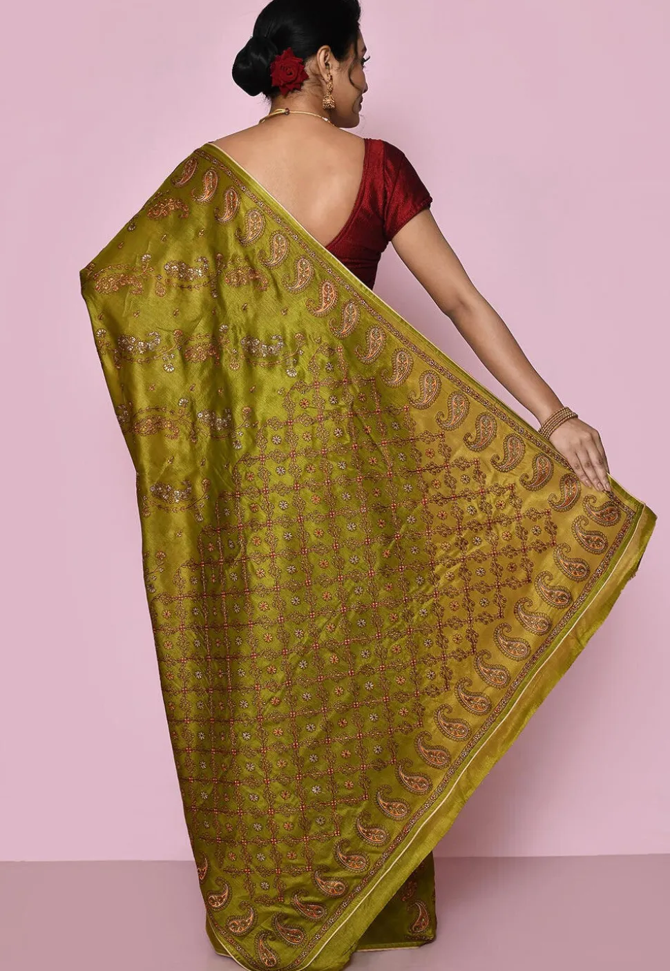 Pure Silk Embroidered Saree in Olive Green
