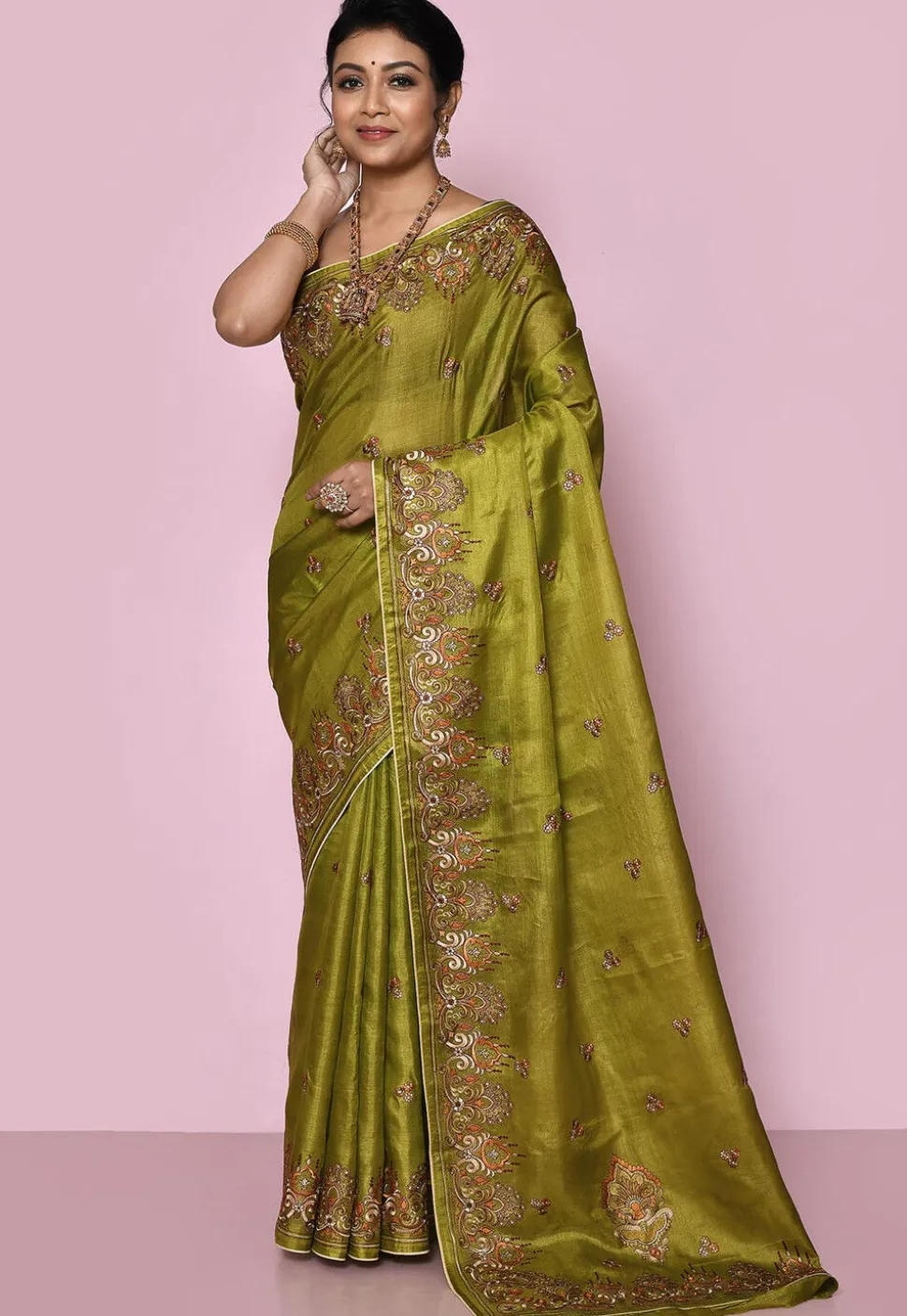 Pure Silk Embroidered Saree in Olive Green