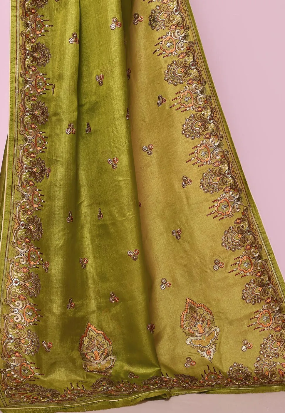 Pure Silk Embroidered Saree in Olive Green
