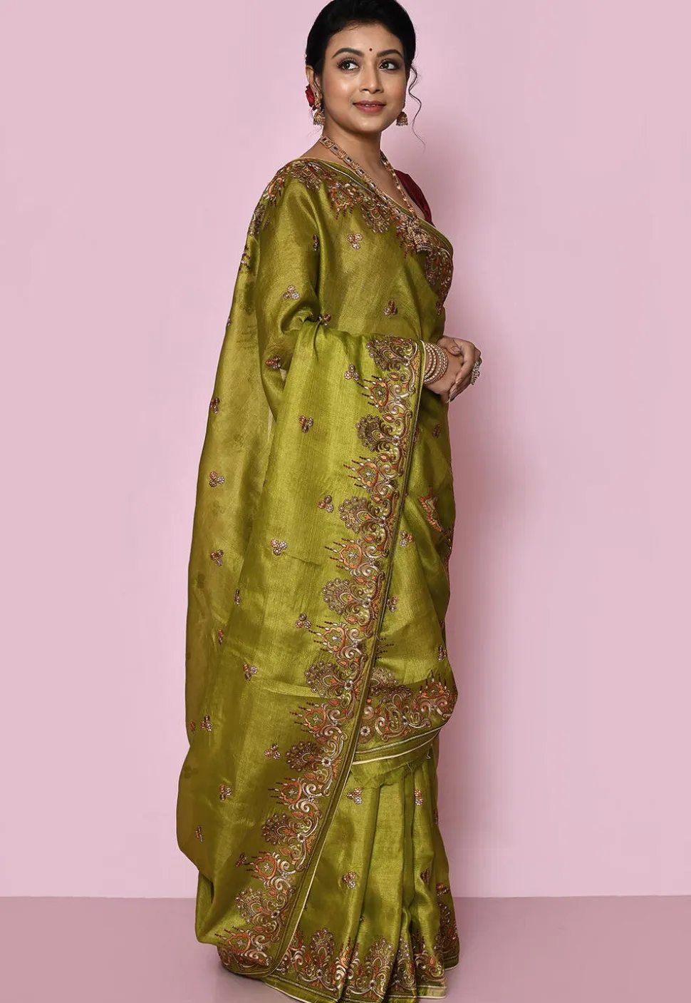 Pure Silk Embroidered Saree in Olive Green