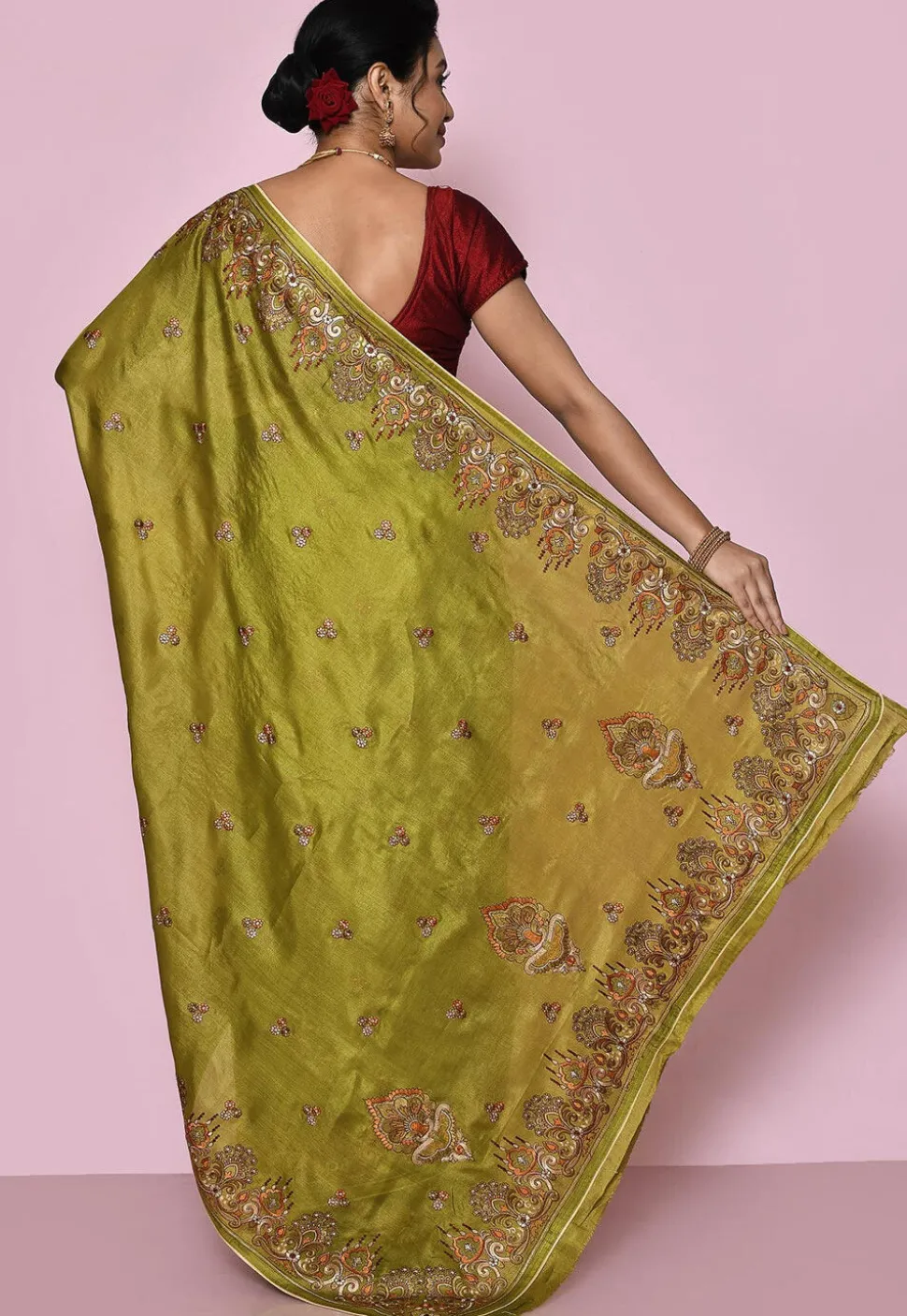 Pure Silk Embroidered Saree in Olive Green