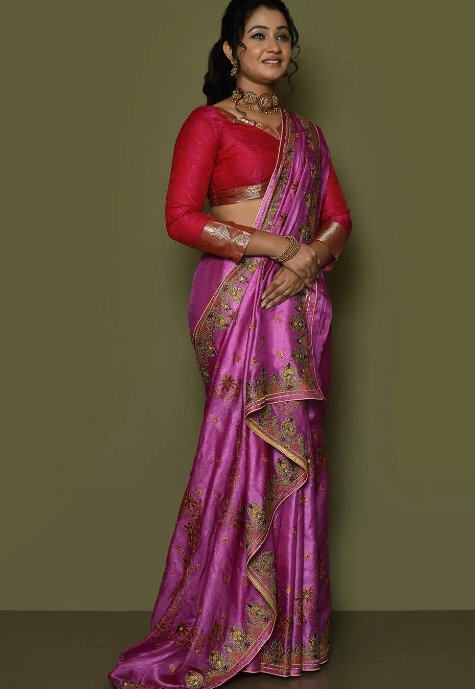 Pure Silk Embroidered Saree in Magenta