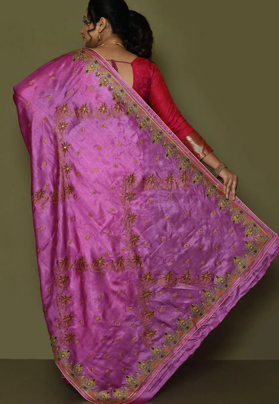 Pure Silk Embroidered Saree in Magenta