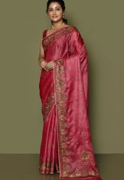 Pure Silk Embroidered Saree in Coral Red