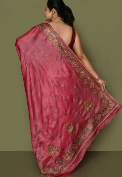 Pure Silk Embroidered Saree in Coral Red