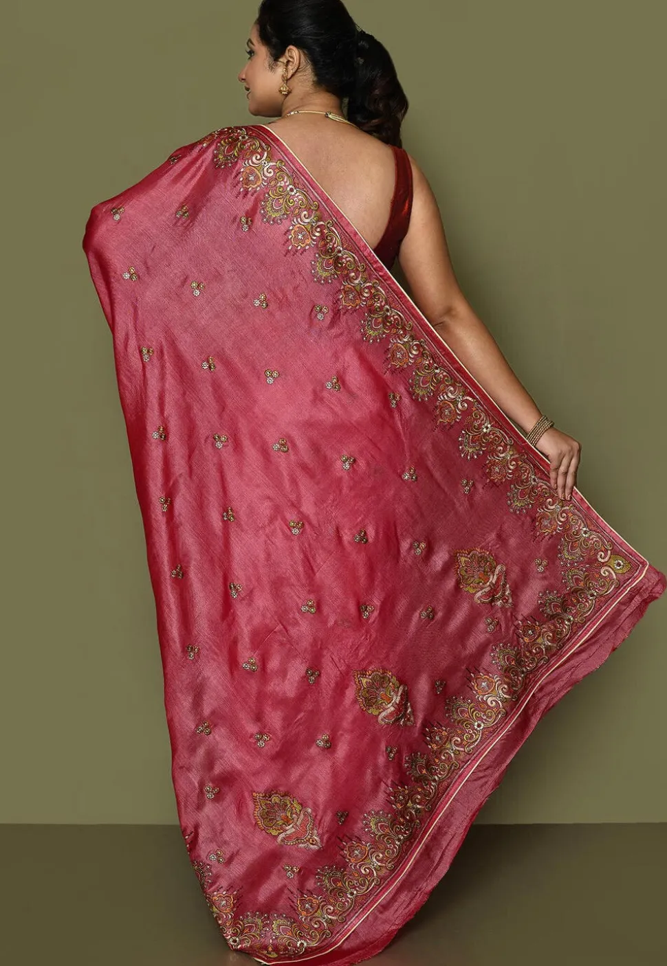 Pure Silk Embroidered Saree in Coral Red