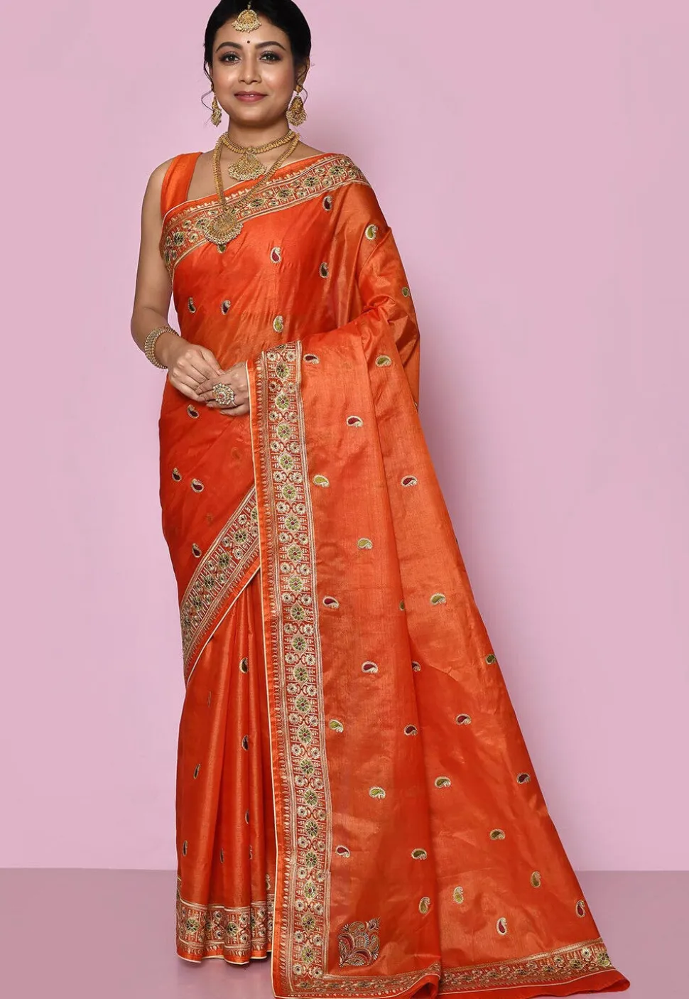 Pure Silk Embroidered Saree in Orange