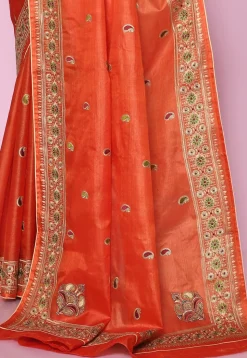 Pure Silk Embroidered Saree in Orange