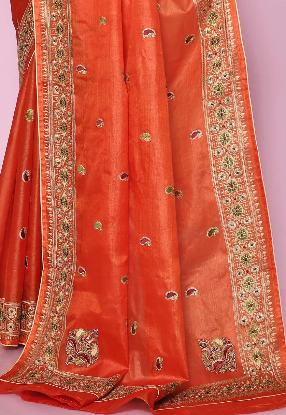 Pure Silk Embroidered Saree in Orange