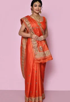 Pure Silk Embroidered Saree in Orange