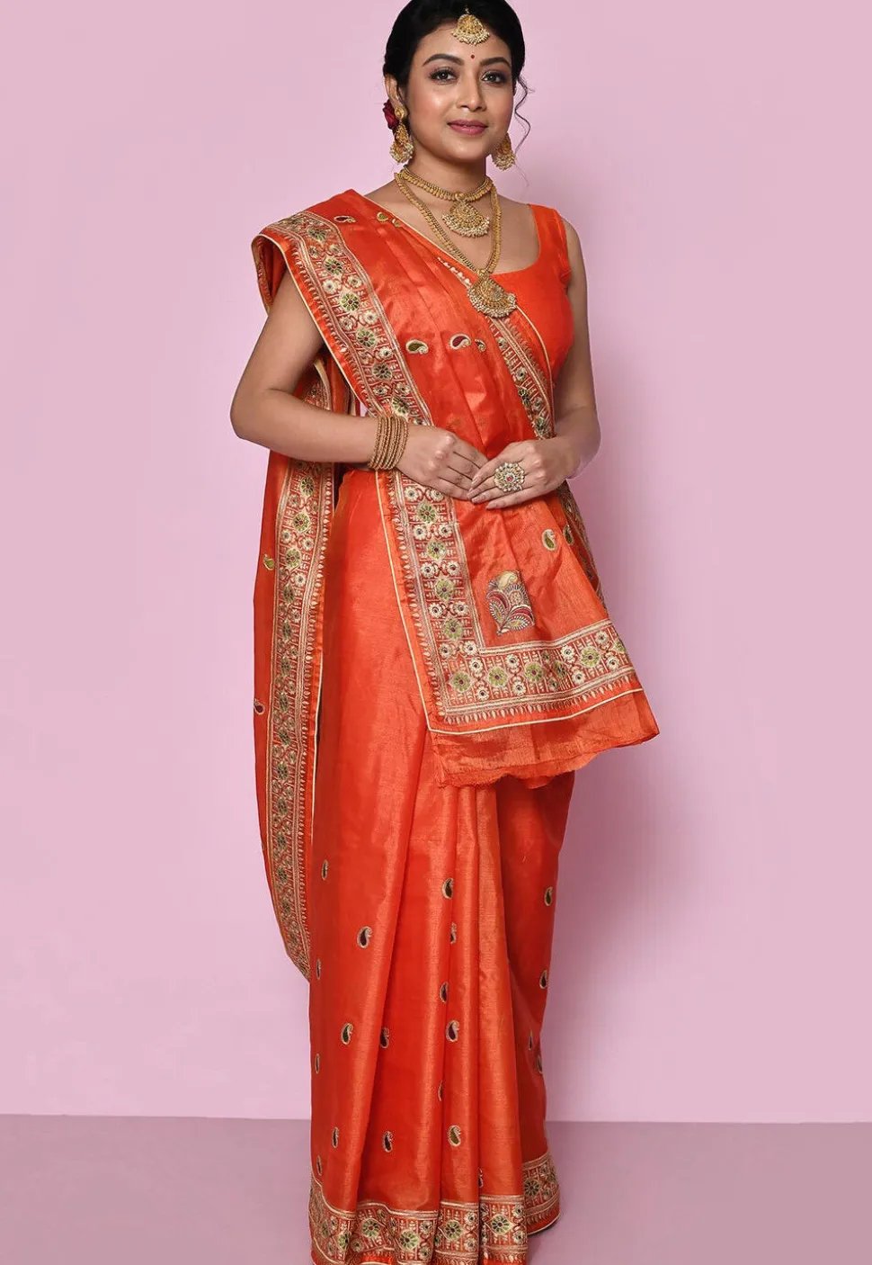 Pure Silk Embroidered Saree in Orange