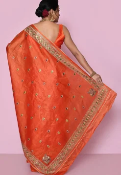 Pure Silk Embroidered Saree in Orange