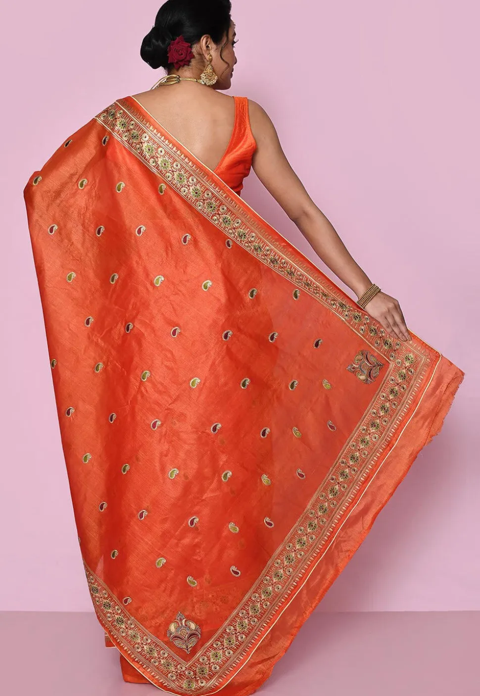 Pure Silk Embroidered Saree in Orange