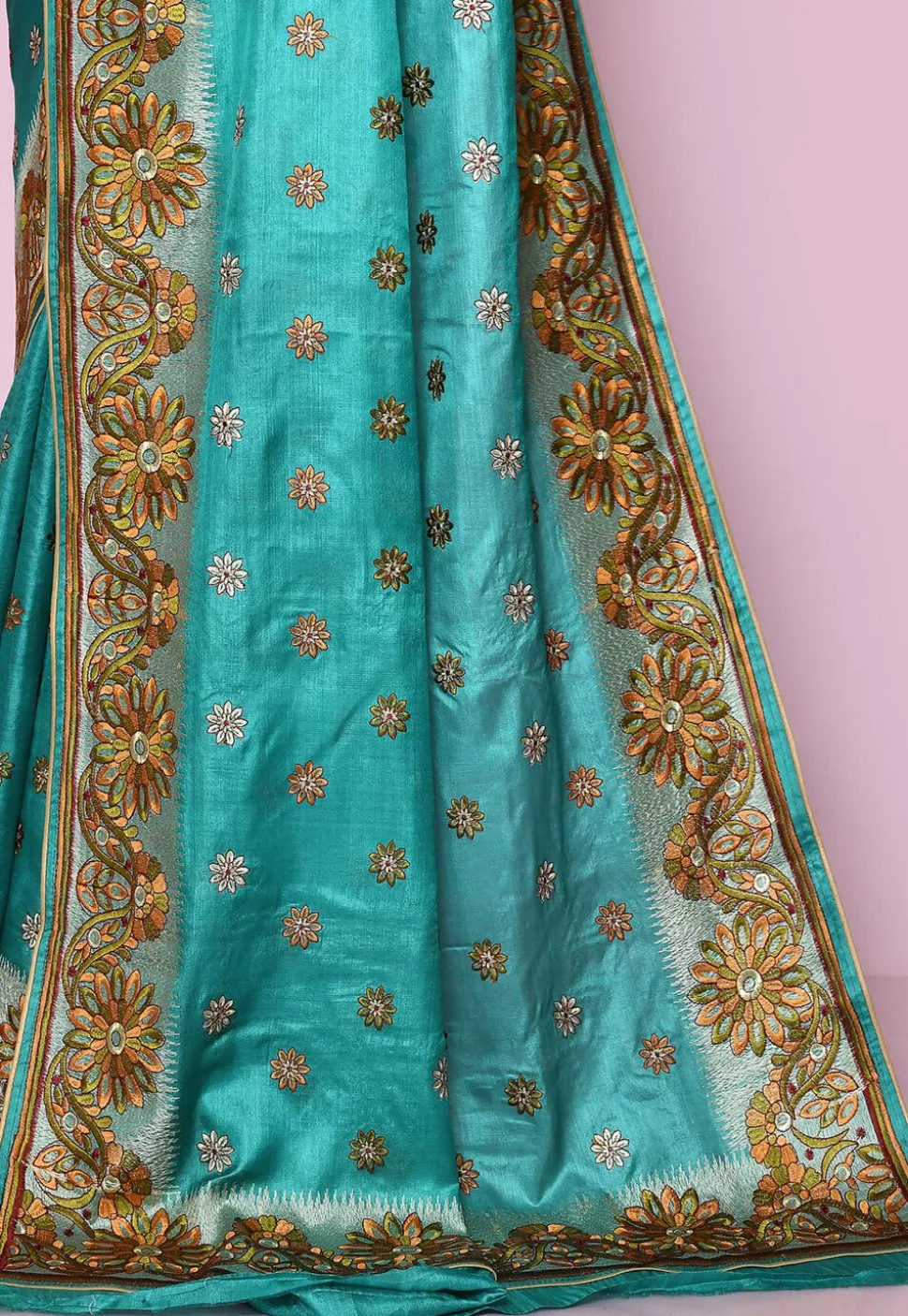 Pure Silk Embroidered Saree in Teal Blue