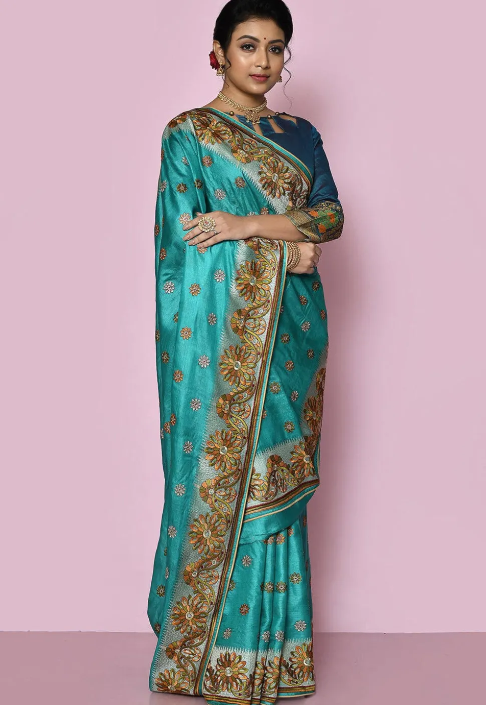 Pure Silk Embroidered Saree in Teal Blue