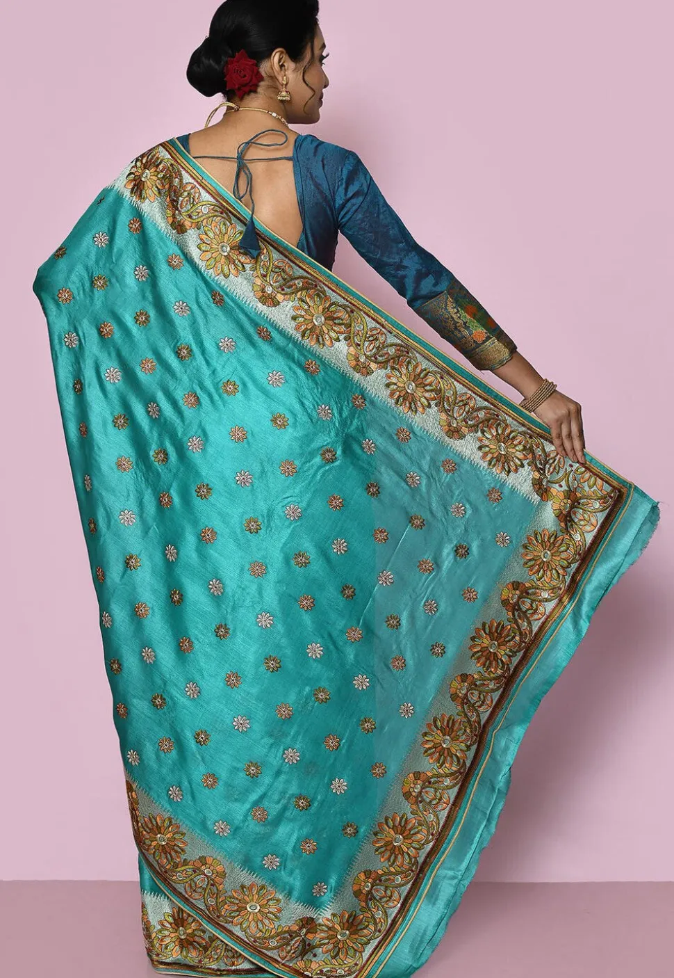 Pure Silk Embroidered Saree in Teal Blue