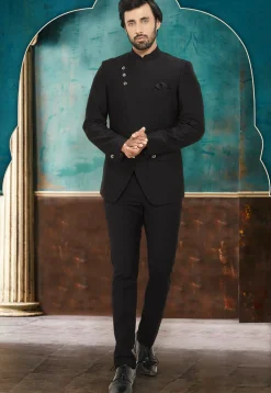 Quilted Art Silk Jodhpuri Suit in Black