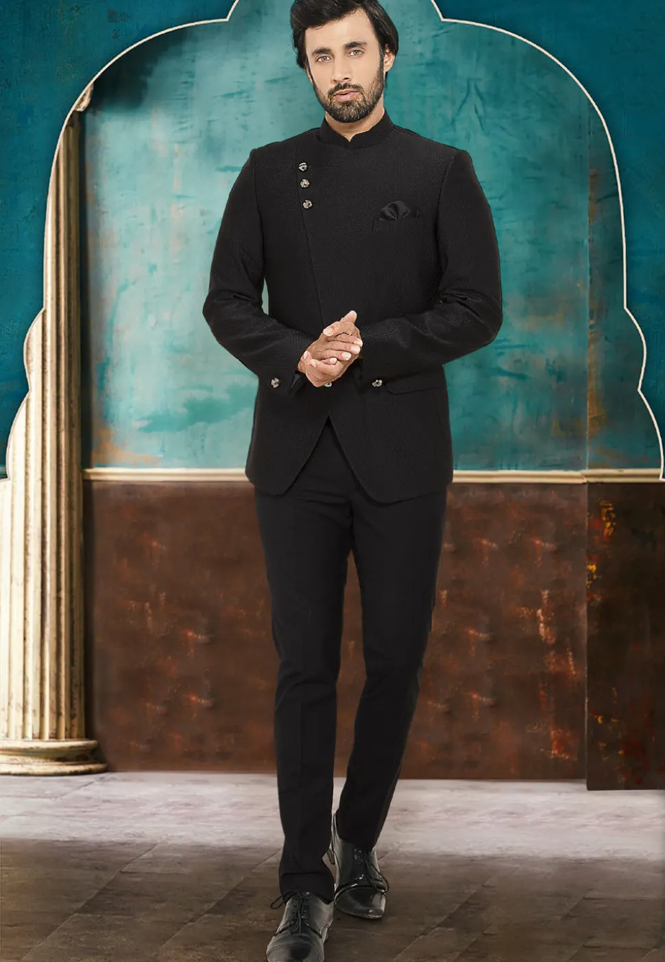 Quilted Art Silk Jodhpuri Suit in Black