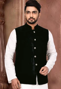 Quilted Velvet Nehru Jacket in Dark Blue