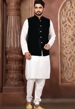 Quilted Velvet Nehru Jacket in Dark Blue