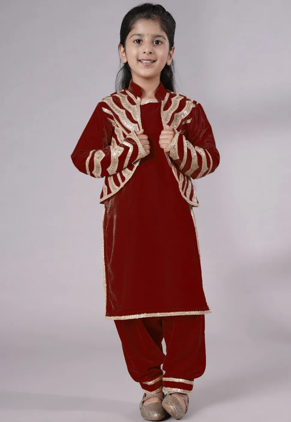 Readymade Embroidered Velvet Straight Kurta Set in Maroon