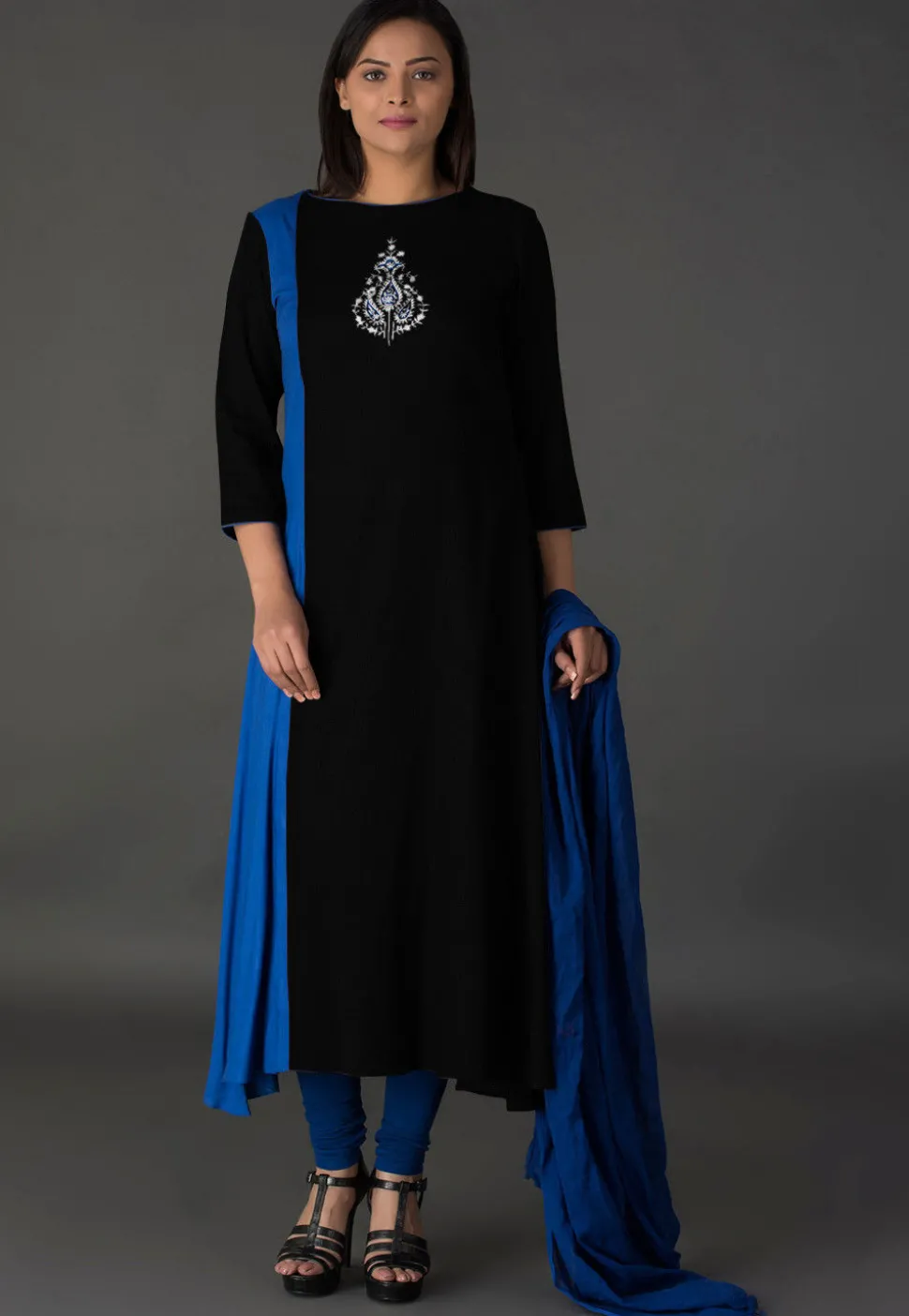 Resham Rayon Slub A Line Suit in Black and Blue