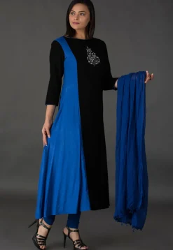 Resham Rayon Slub A Line Suit in Black and Blue