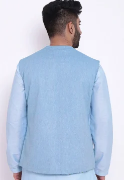 Reversible Linen Cotton Nehru Jacket in Sky Blue