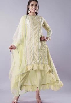 Ruffled Art Silk Asymmetric Punjabi Suit in Light Yellow
