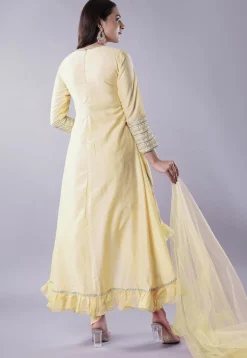 Ruffled Art Silk Asymmetric Punjabi Suit in Light Yellow