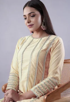 Ruffled Art Silk Asymmetric Punjabi Suit in Light Yellow