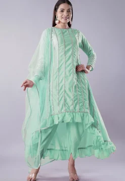 Ruffled Art Silk Asymmetric Punjabi Suit in Pastel Green