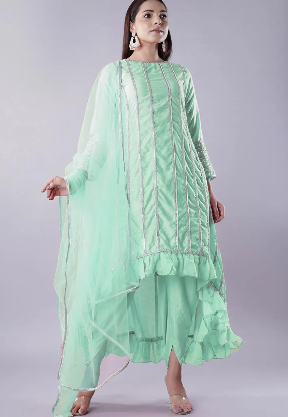 Ruffled Art Silk Asymmetric Punjabi Suit in Pastel Green