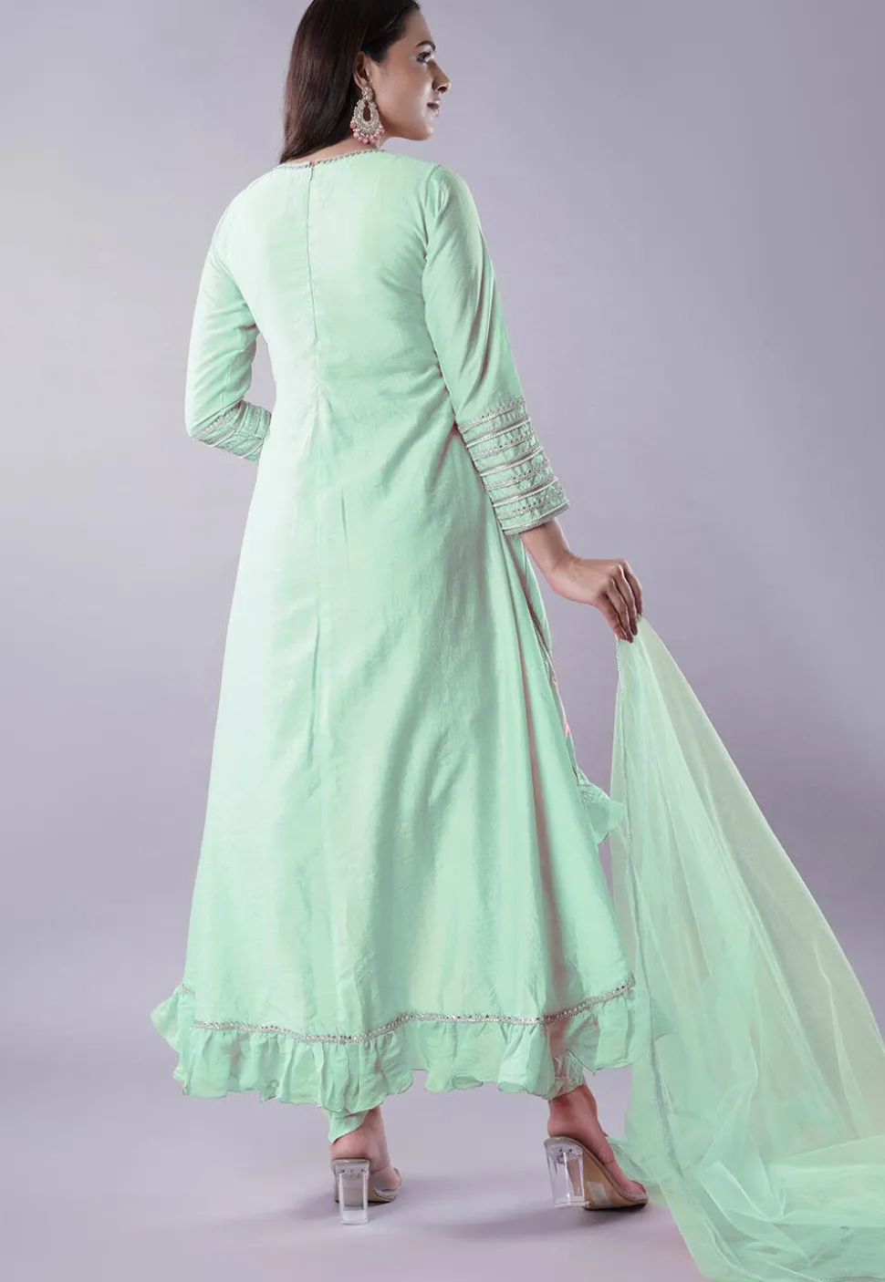 Ruffled Art Silk Asymmetric Punjabi Suit in Pastel Green