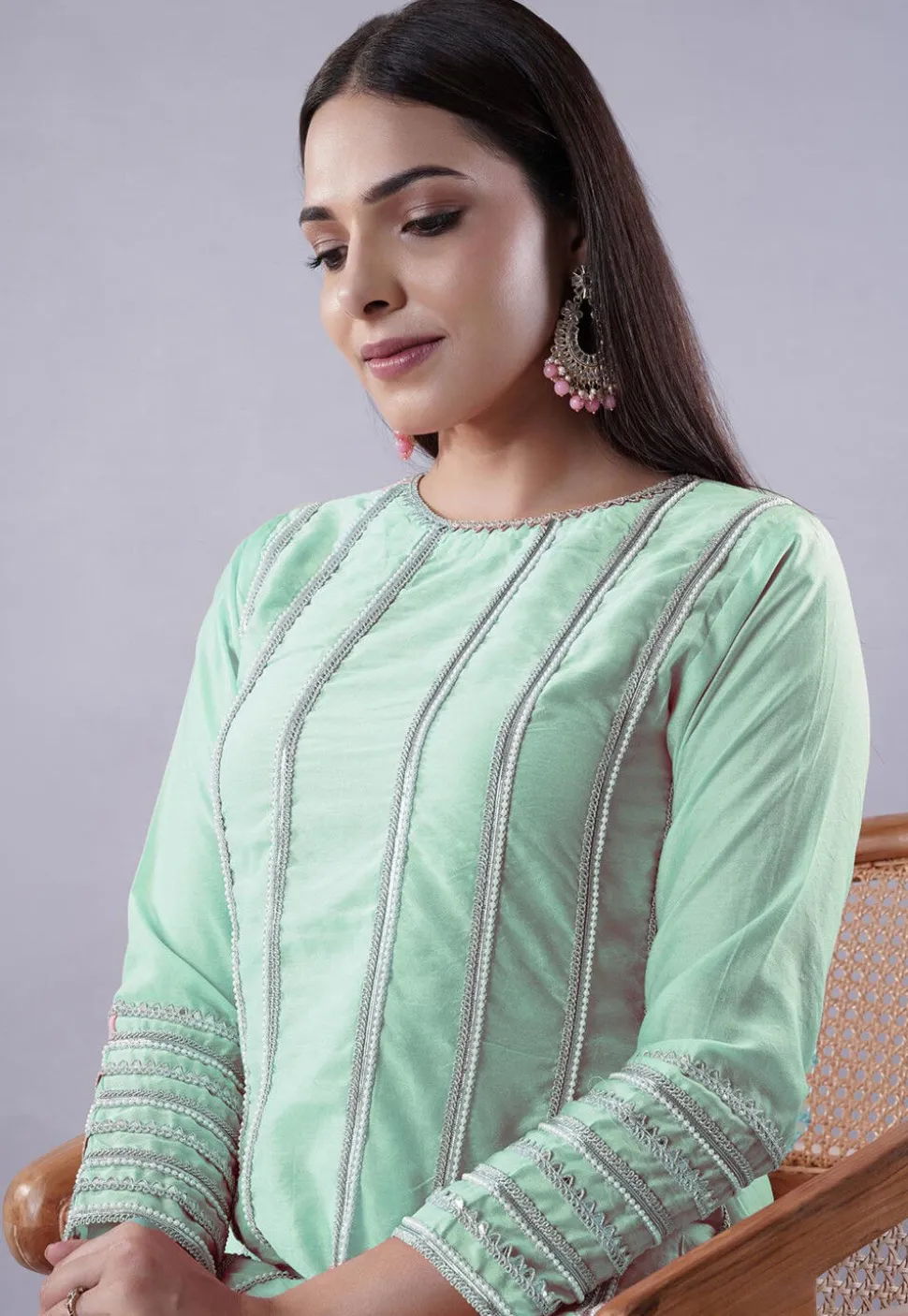 Ruffled Art Silk Asymmetric Punjabi Suit in Pastel Green