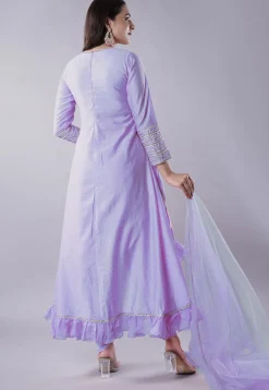 Ruffled Art Silk Asymmetric Punjabi Suit in Light Purple